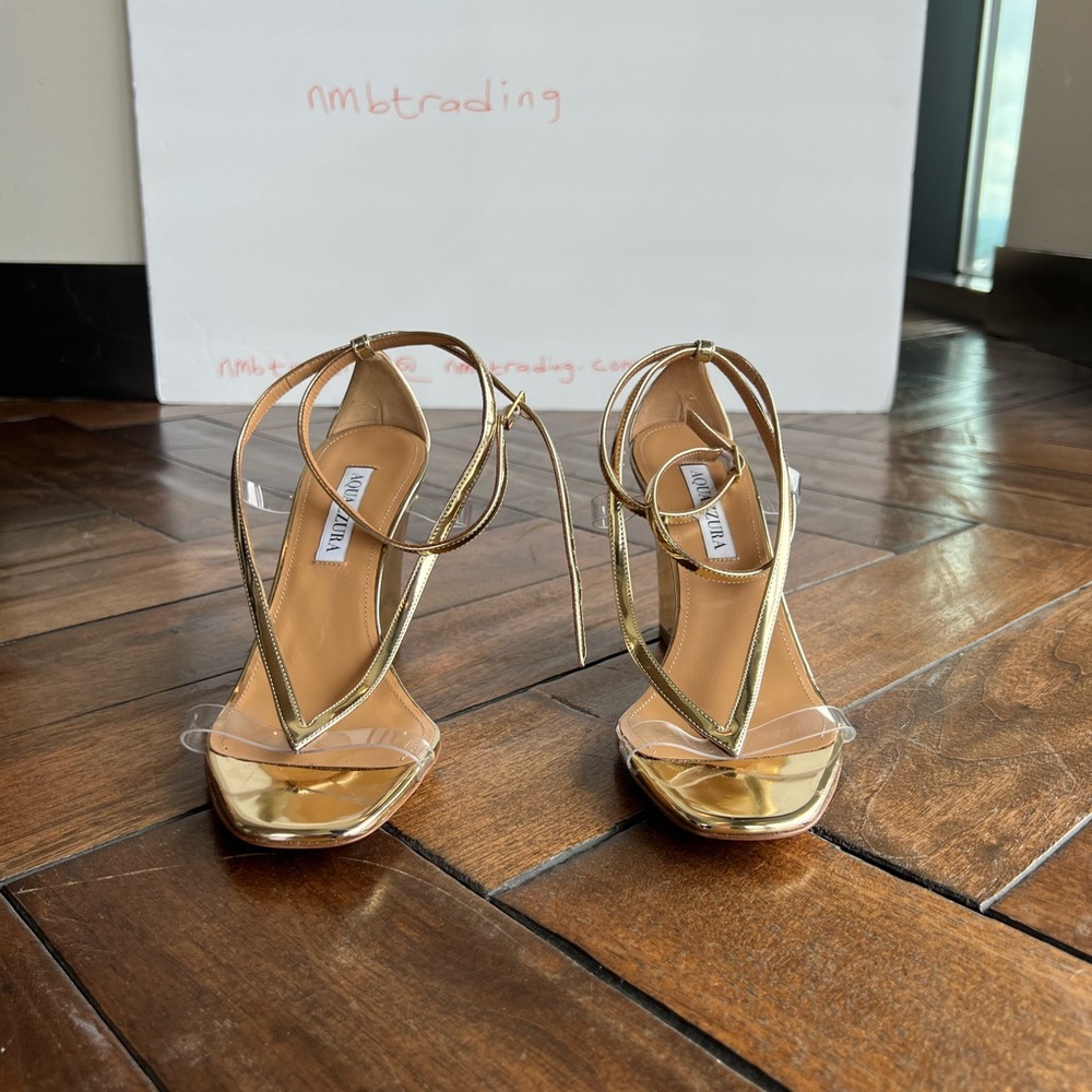 Aquazzura glossy gold metallic leather size 8M(38) strappy wedge heel sandals - Picture 8 of 16